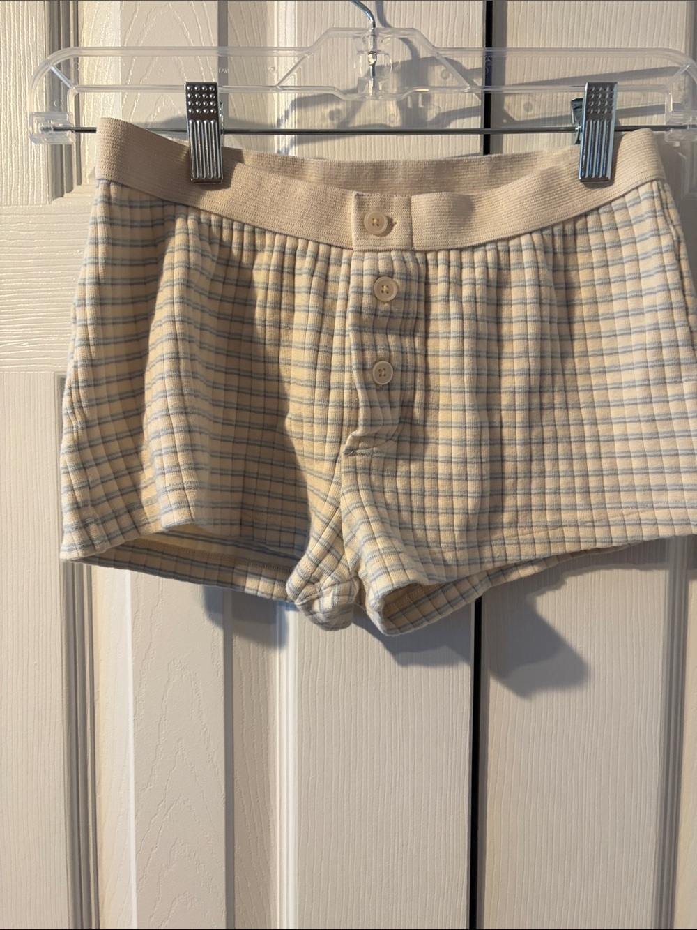 Brandy Melville Cream & Light Blue Striped Knit Button Shorts